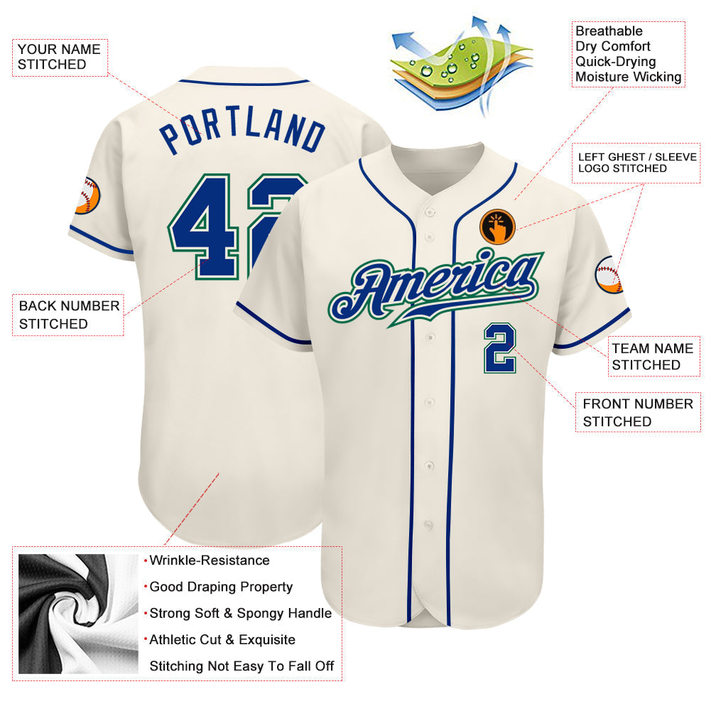 Custom Cream Royal-Kelly Green Authentic Baseball Jersey baseball jersey product view 3
