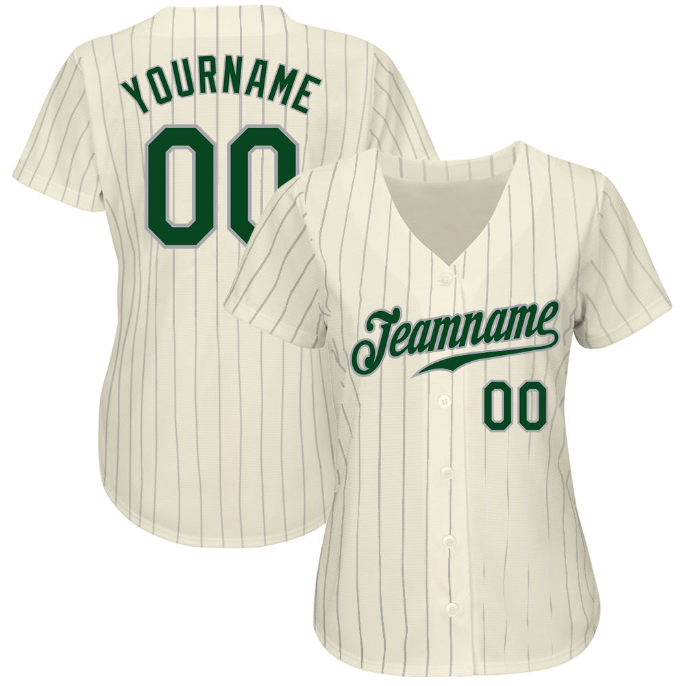 Custom Cream Gray Pinstripe Green-Gray Authentic Baseball Jersey baseball jersey product view 3