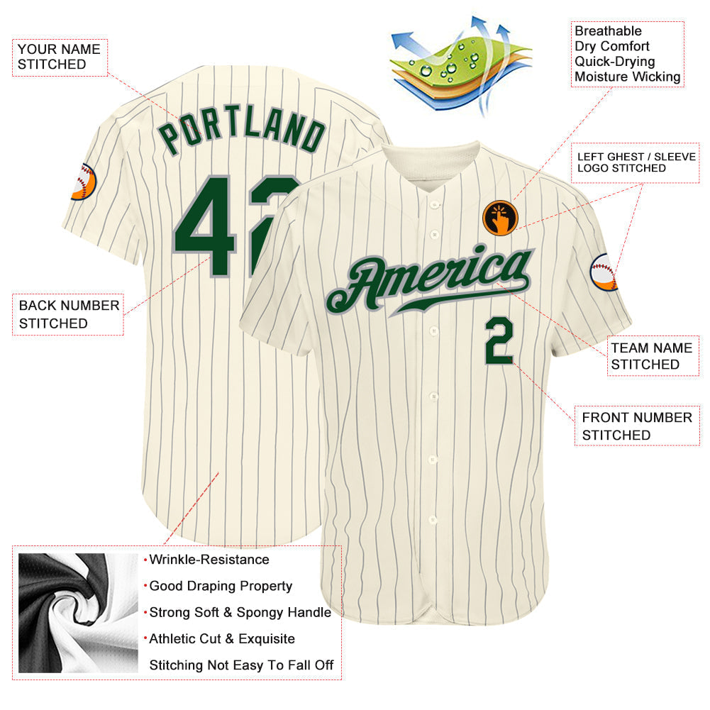 Custom Cream Gray Pinstripe Green-Gray Authentic Baseball Jersey baseball jersey product view 4