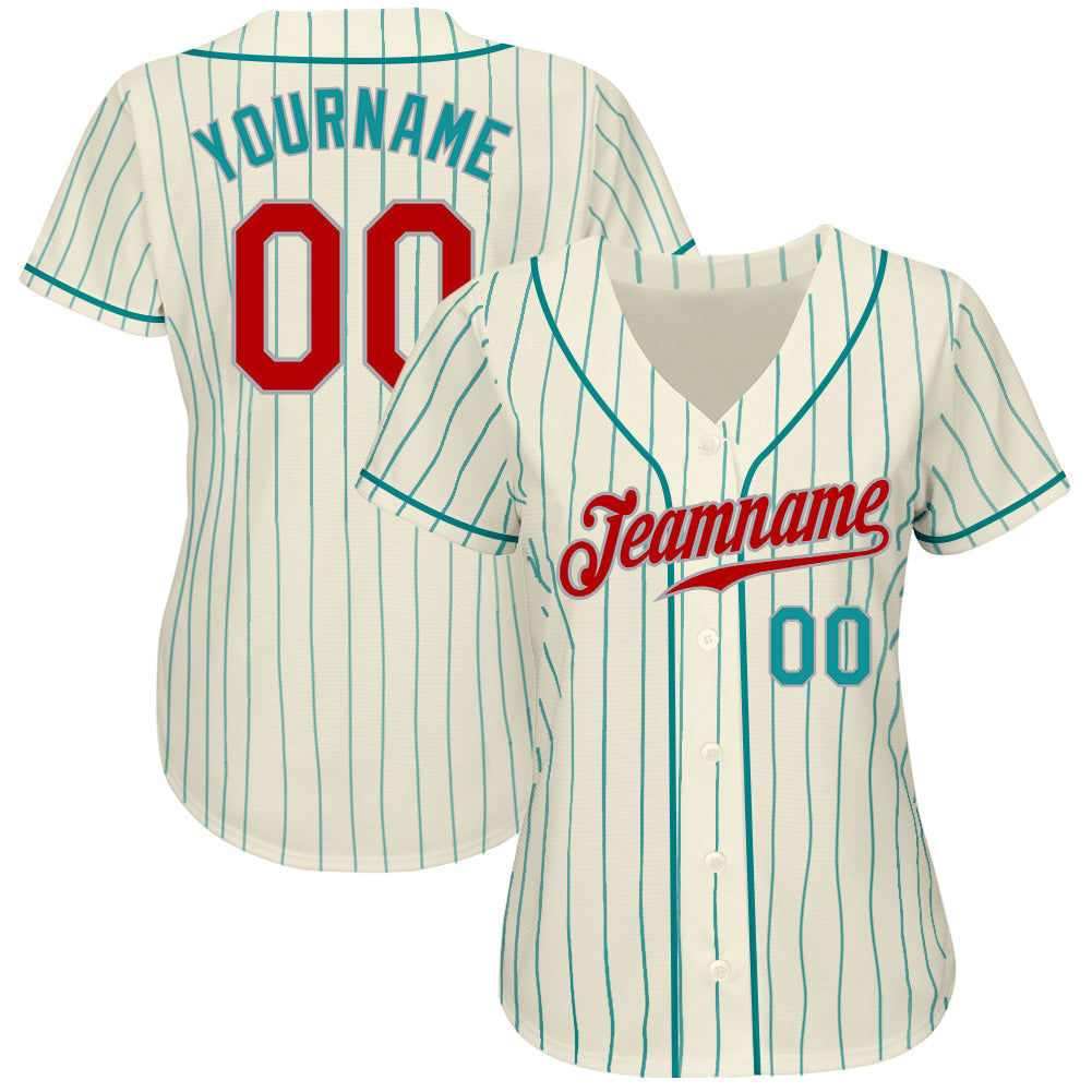 Custom Cream Teal Pinstripe Red Teal-Gray Authentic Baseball Jersey baseball jersey product view 2