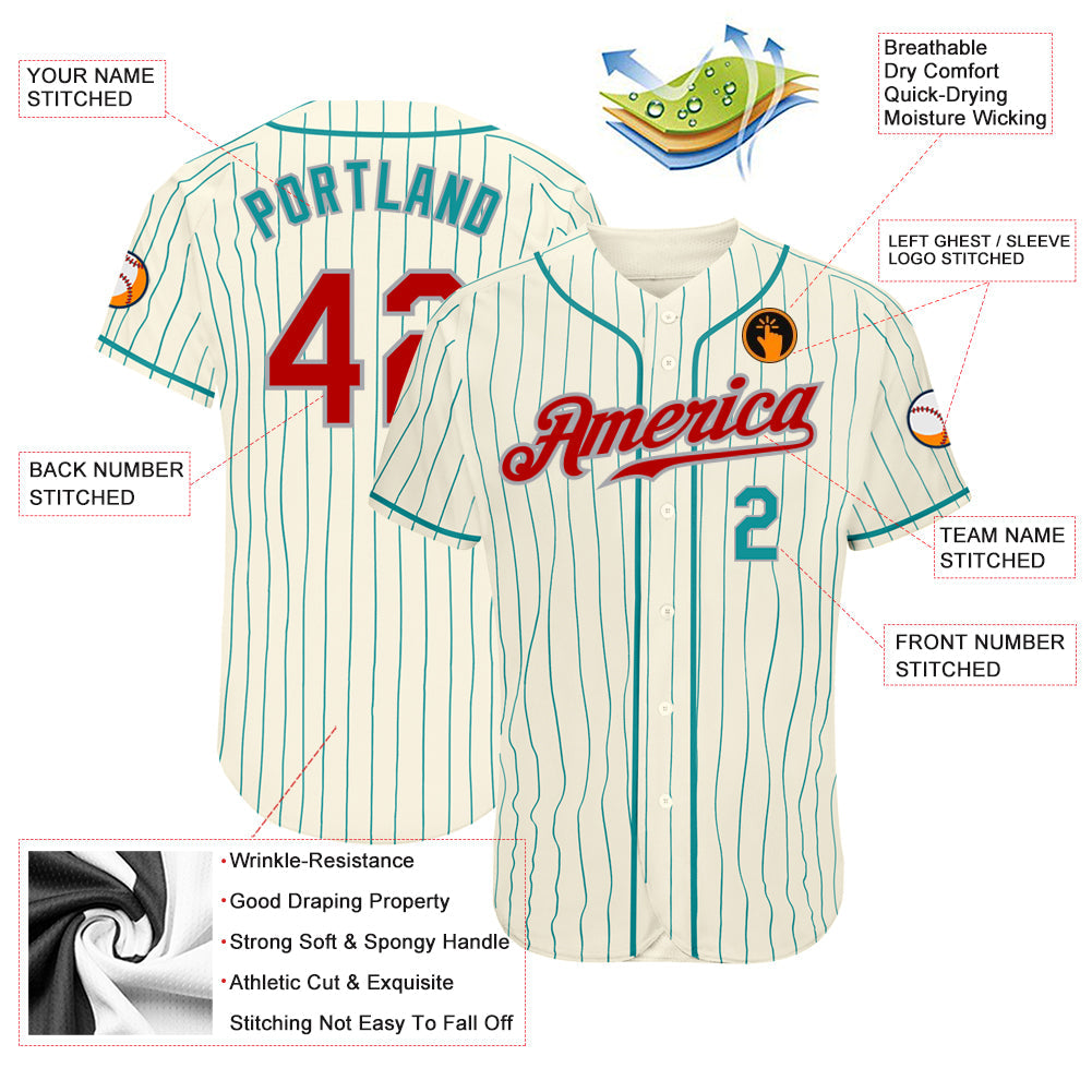 Custom Cream Teal Pinstripe Red Teal-Gray Authentic Baseball Jersey baseball jersey product view 3