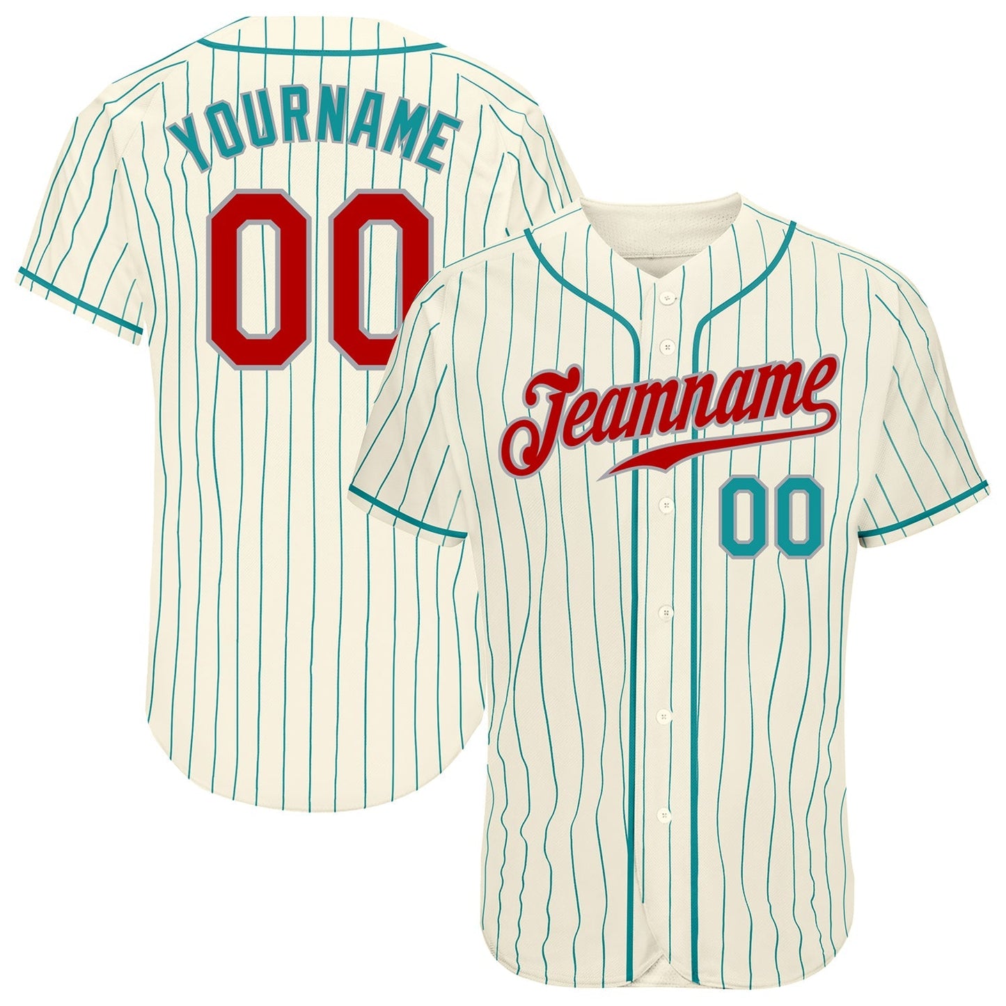 Custom Cream Teal Pinstripe Red Teal-Gray Authentic Baseball Jersey baseball jersey product view 1