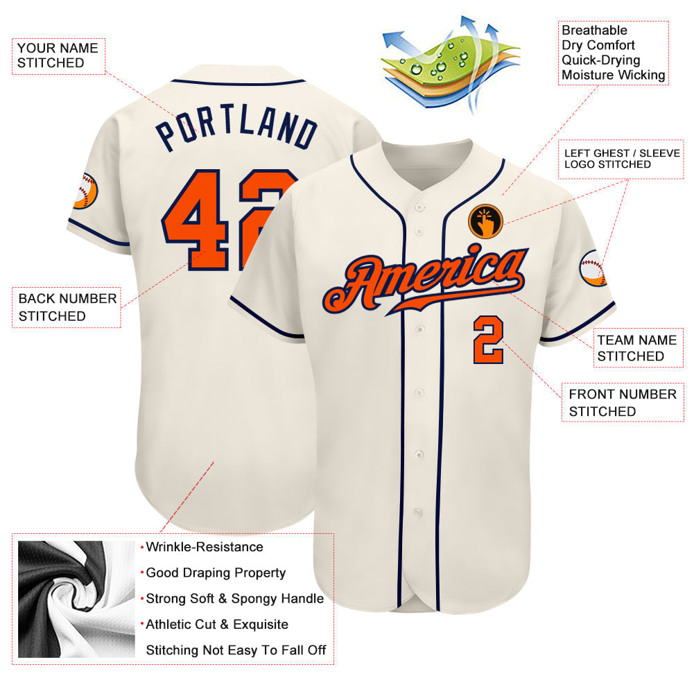 Custom Cream Orange-Navy Authentic Baseball Jersey baseball jersey product view 3