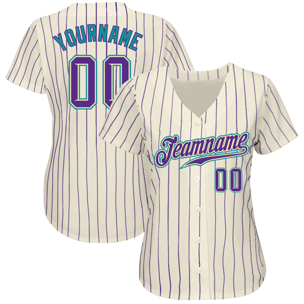 Custom Cream Purple Pinstripe Purple-Teal Authentic Baseball Jersey baseball jersey product view 2