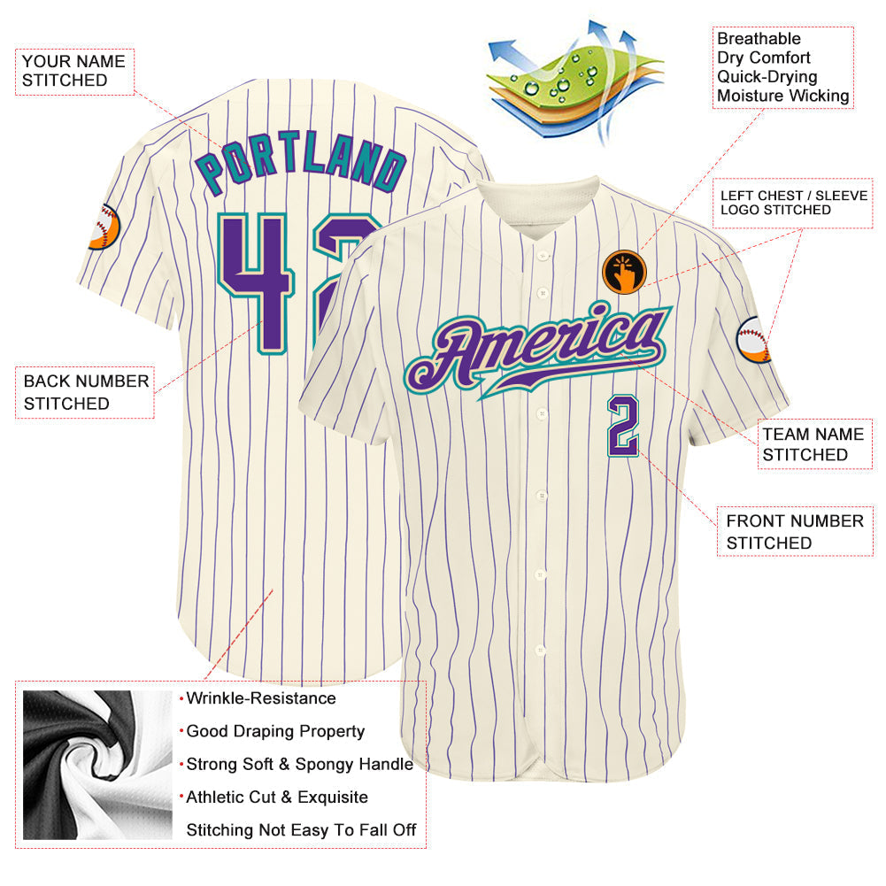 Custom Cream Purple Pinstripe Purple-Teal Authentic Baseball Jersey baseball jersey product view 3