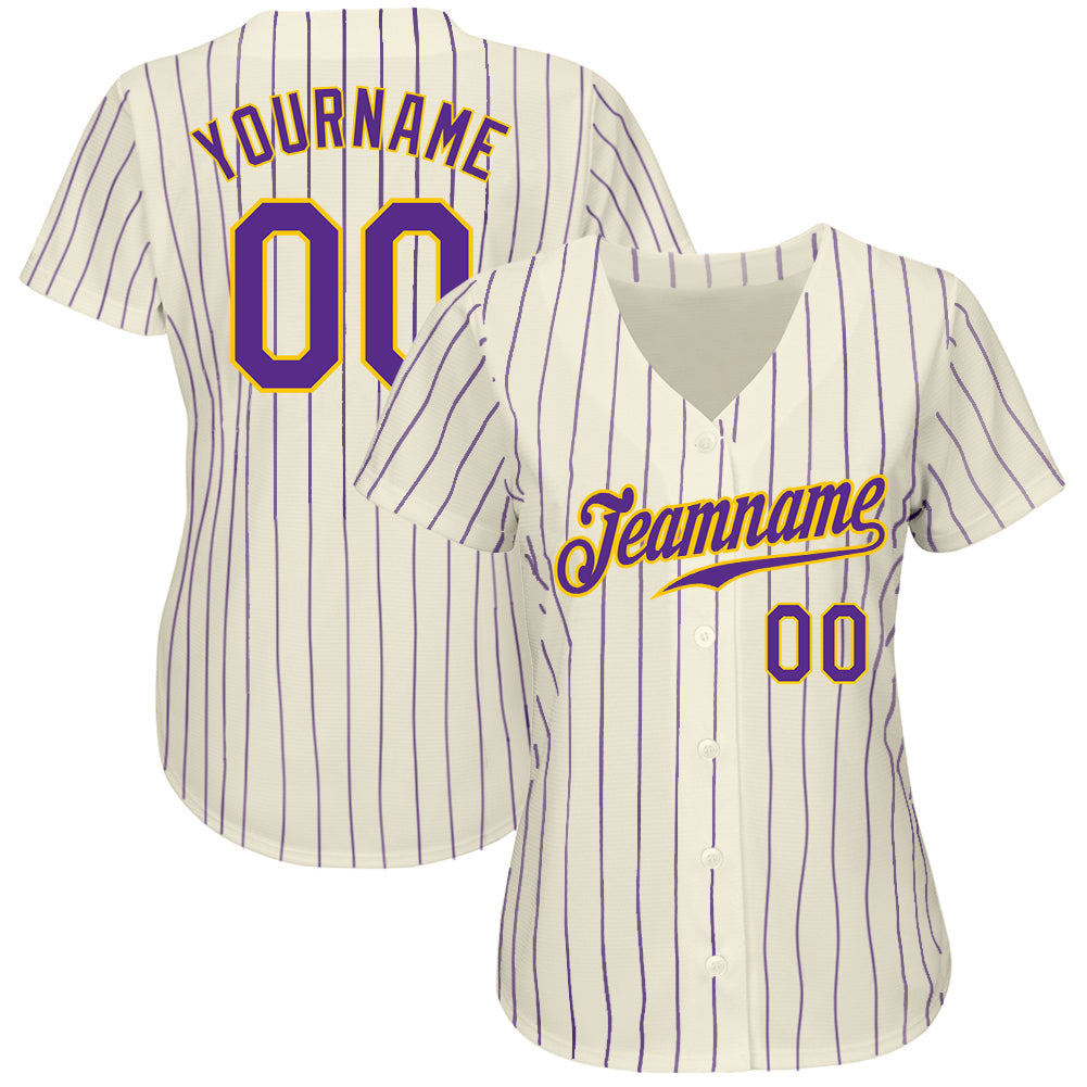 Custom Cream Purple Pinstripe Purple-Gold Authentic Baseball Jersey baseball jersey product view 2