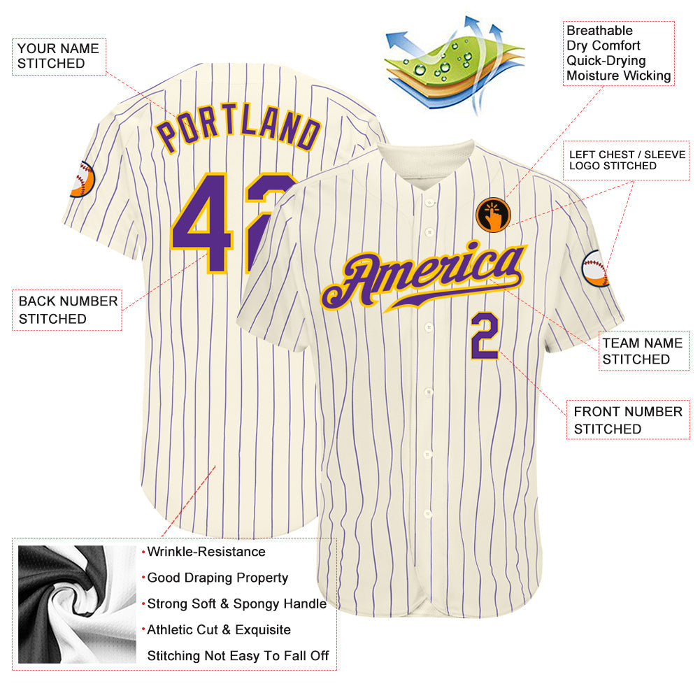 Custom Cream Purple Pinstripe Purple-Gold Authentic Baseball Jersey baseball jersey product view 3
