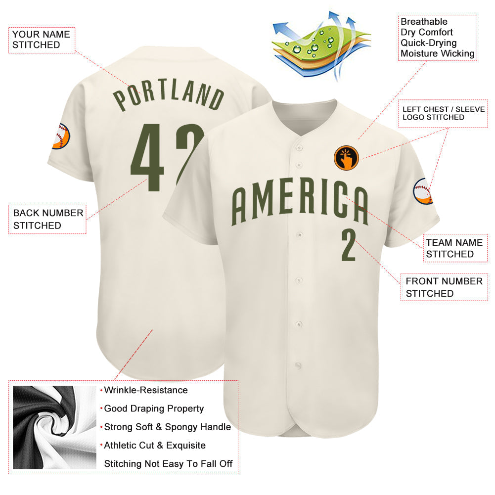 Custom Cream Olive Authentic Baseball Jersey baseball jersey product view 3