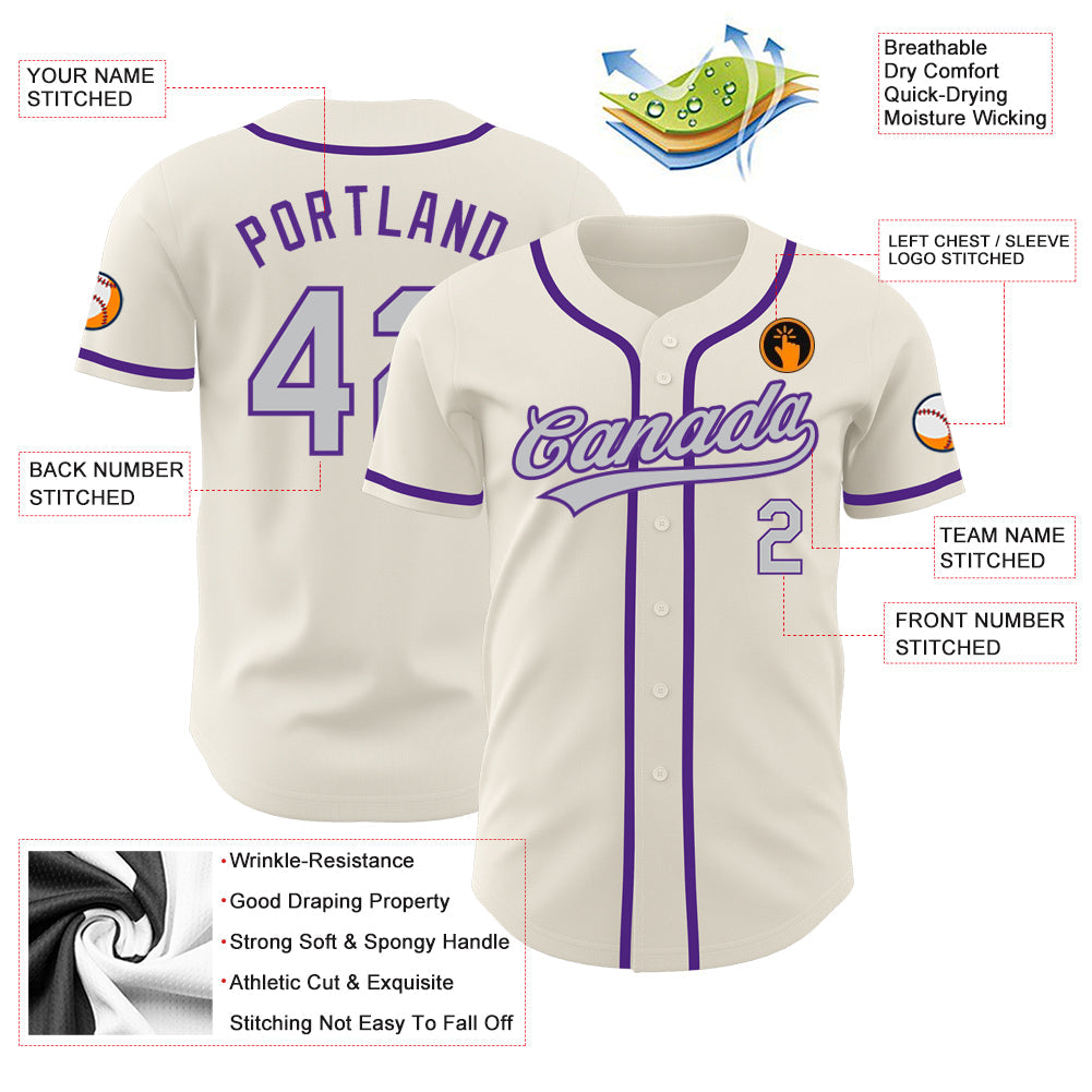 Custom Cream Gray-Purple Authentic Baseball Jersey baseball jersey product view 3