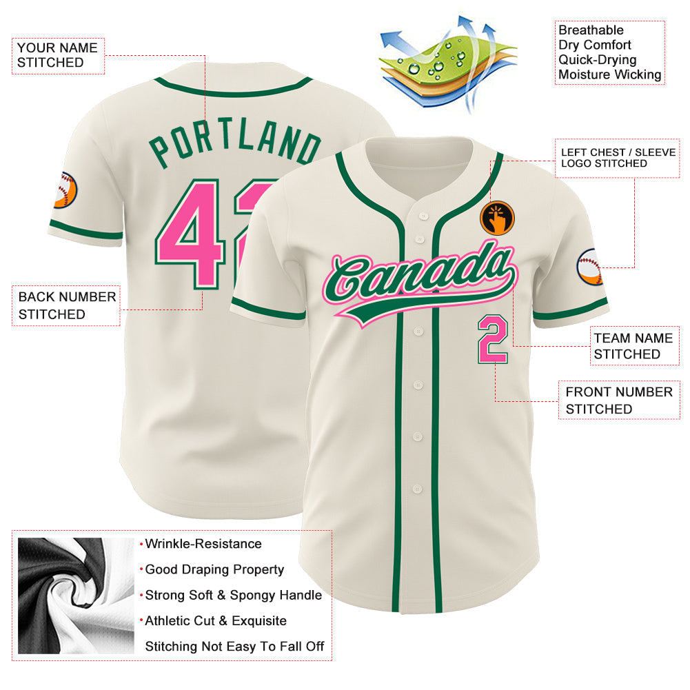 Custom Cream Pink-Kelly Green Authentic Baseball Jersey baseball jersey product view 3