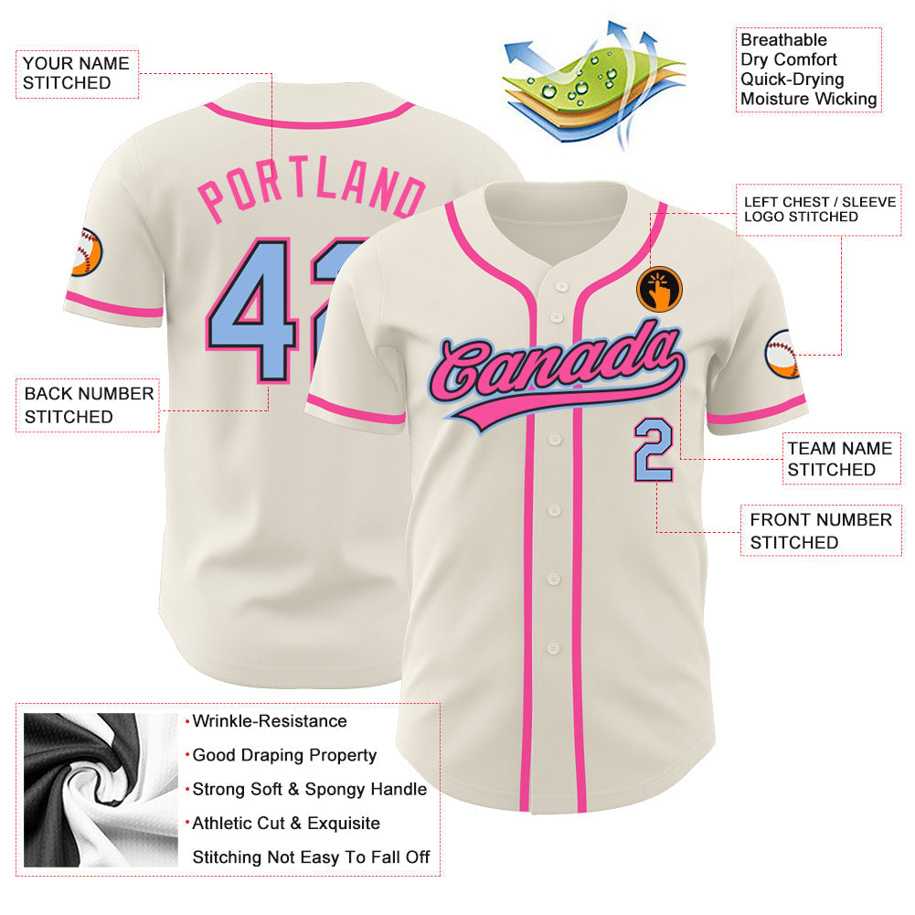 Custom Cream Light Blue Black-Pink Authentic Baseball Jersey baseball jersey product view 3