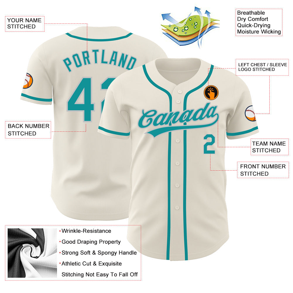 Custom Cream Teal-Gray Authentic Baseball Jersey baseball jersey product view 3