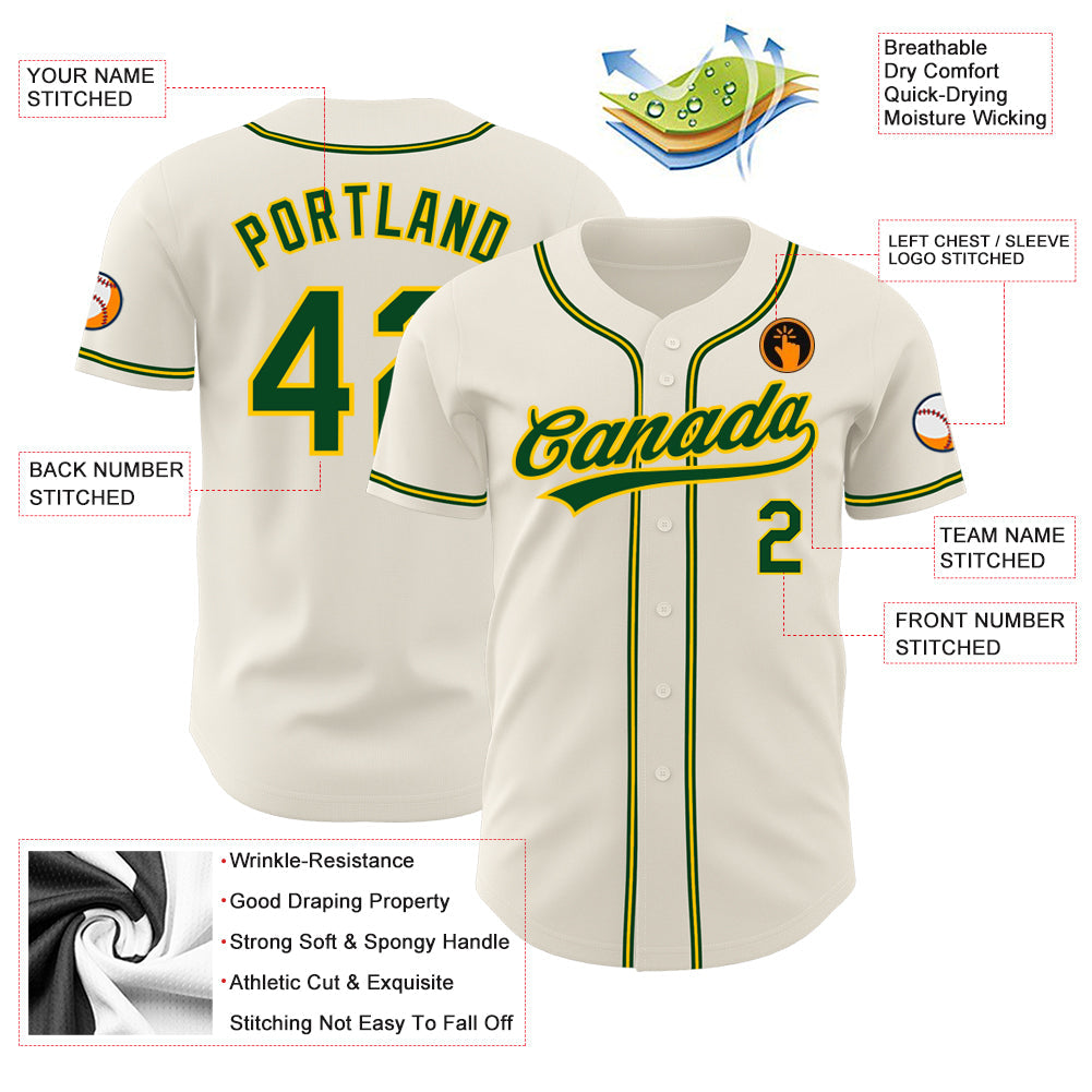 Custom Cream Green-Gold Authentic Baseball Jersey baseball jersey product view 4
