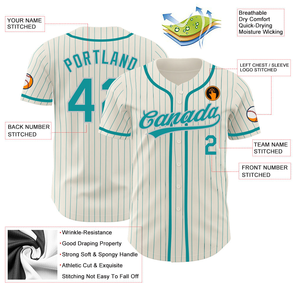 Custom Cream Teal Pinstripe Teal-Gray Authentic Baseball Jersey baseball jersey product view 3