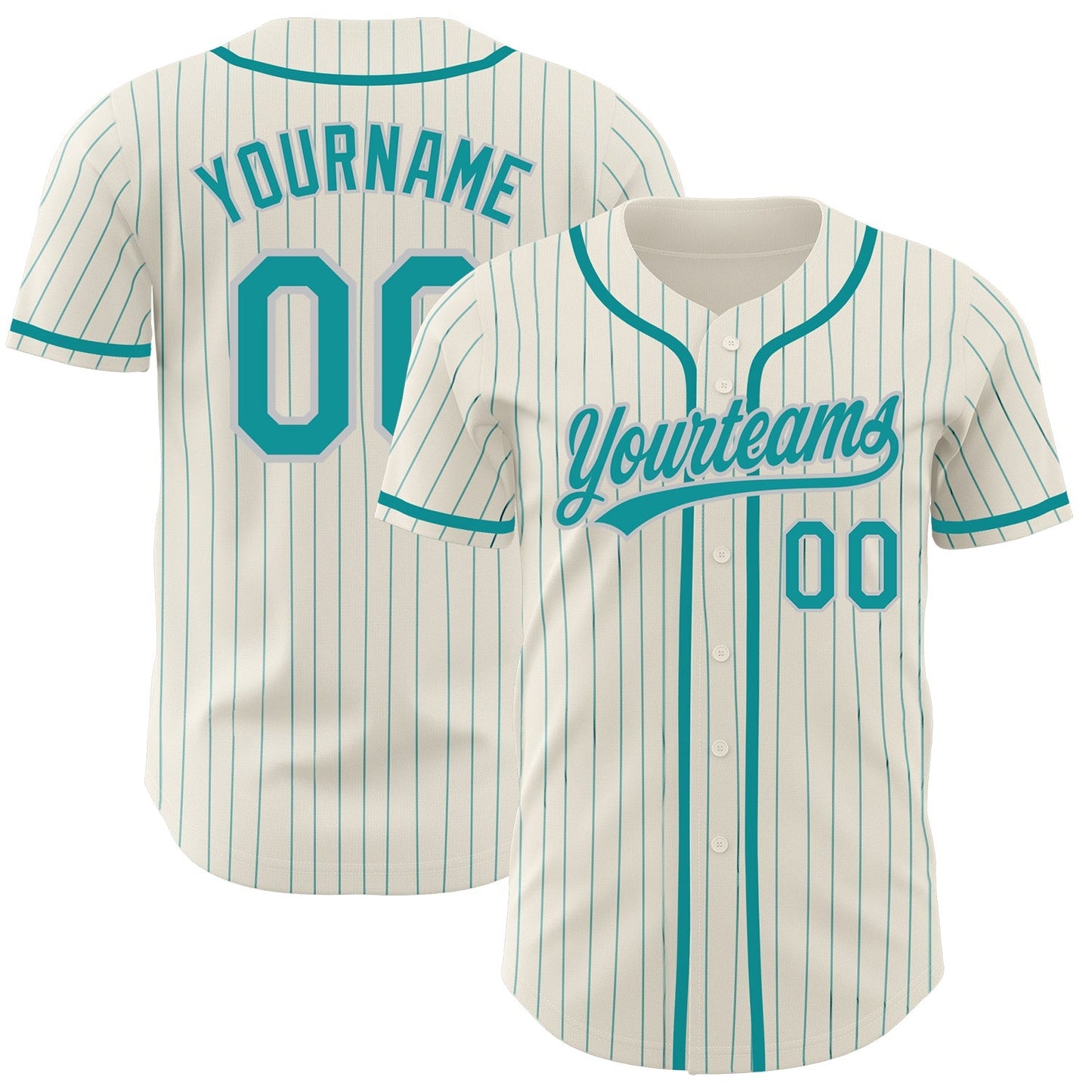 Custom Cream Teal Pinstripe Teal-Gray Authentic Baseball Jersey baseball jersey product view 1