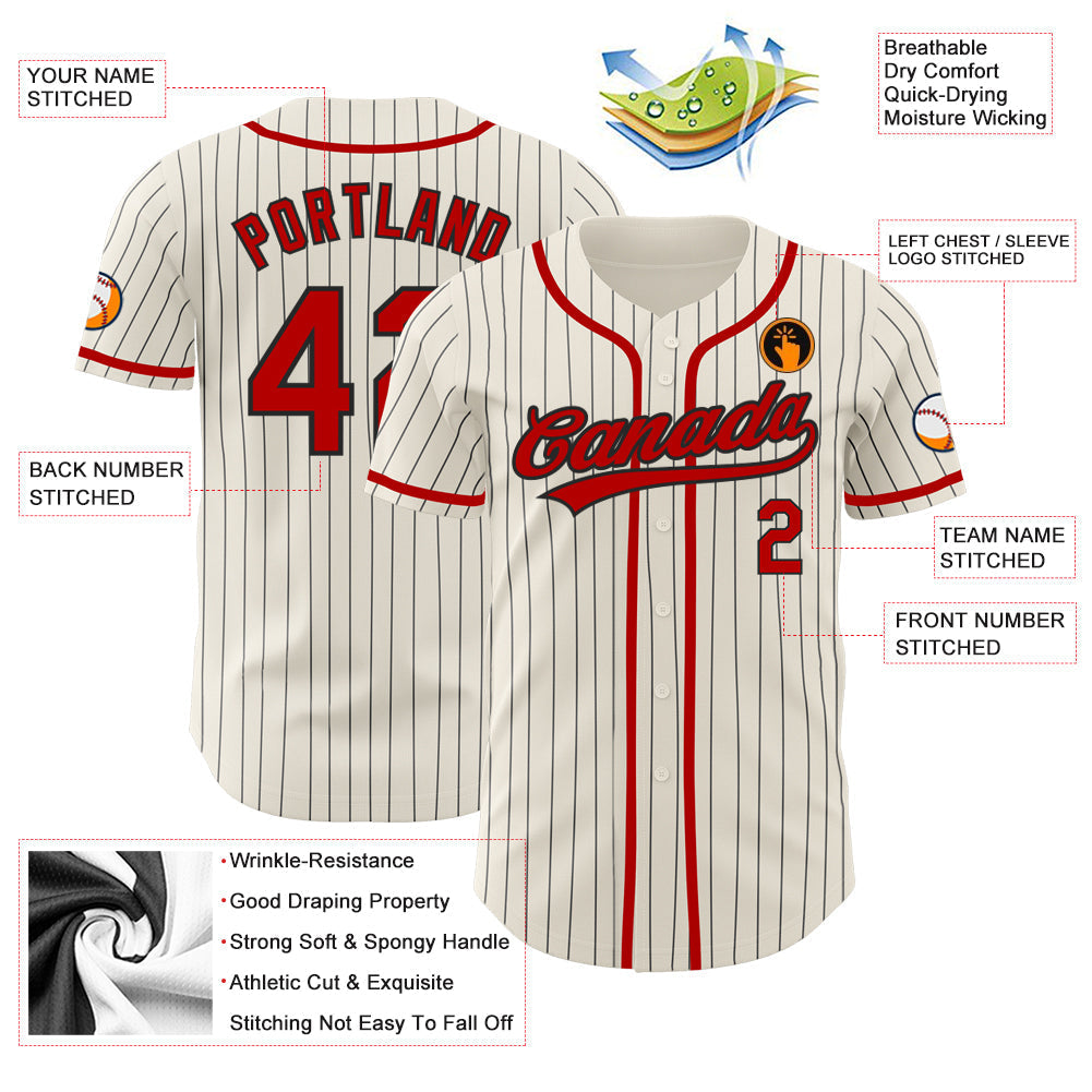 Custom Cream Black Pinstripe Red Authentic Baseball Jersey baseball jersey product view 3