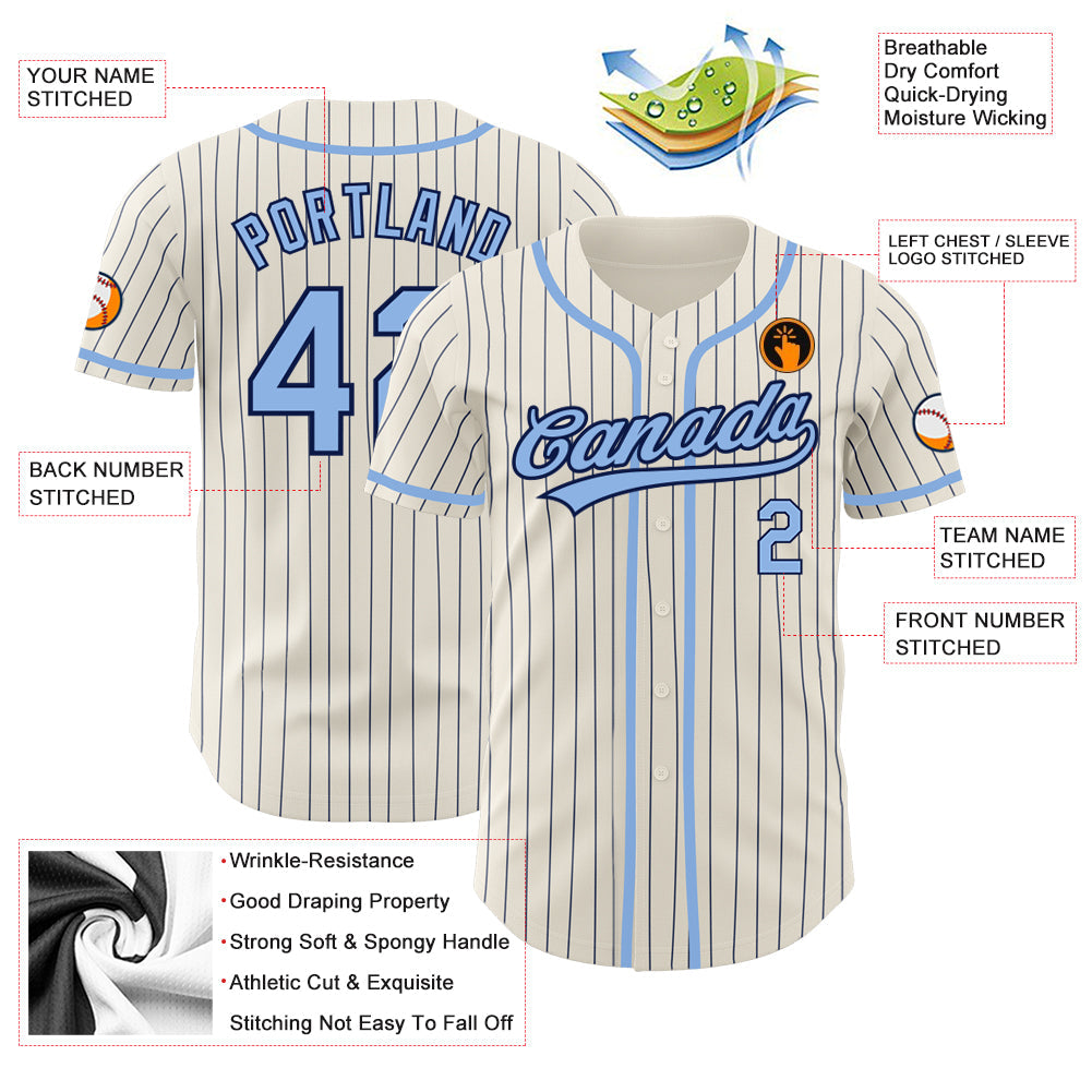 Custom Cream Navy Pinstripe Light Blue Authentic Baseball Jersey baseball jersey product view 3