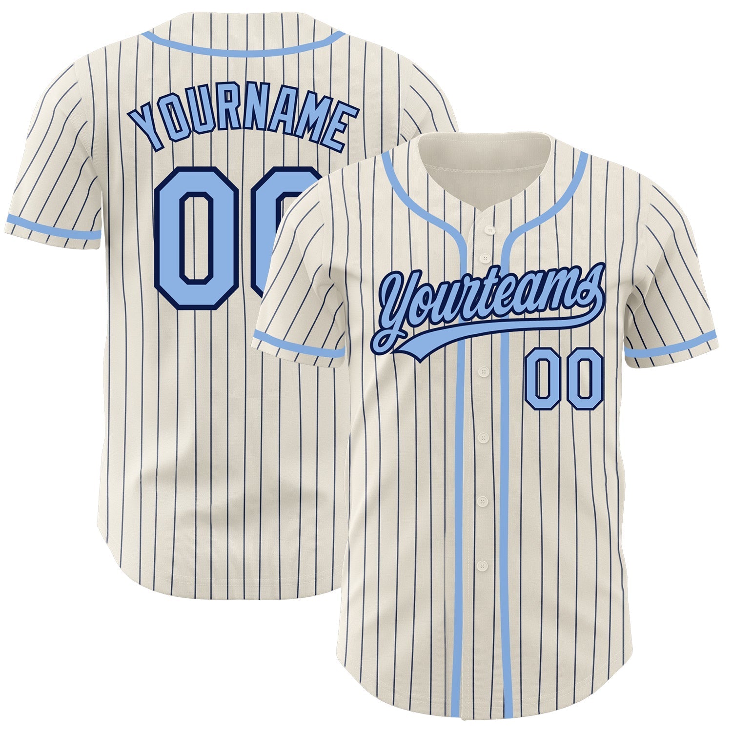 Custom Cream Navy Pinstripe Light Blue Authentic Baseball Jersey baseball jersey product view 1