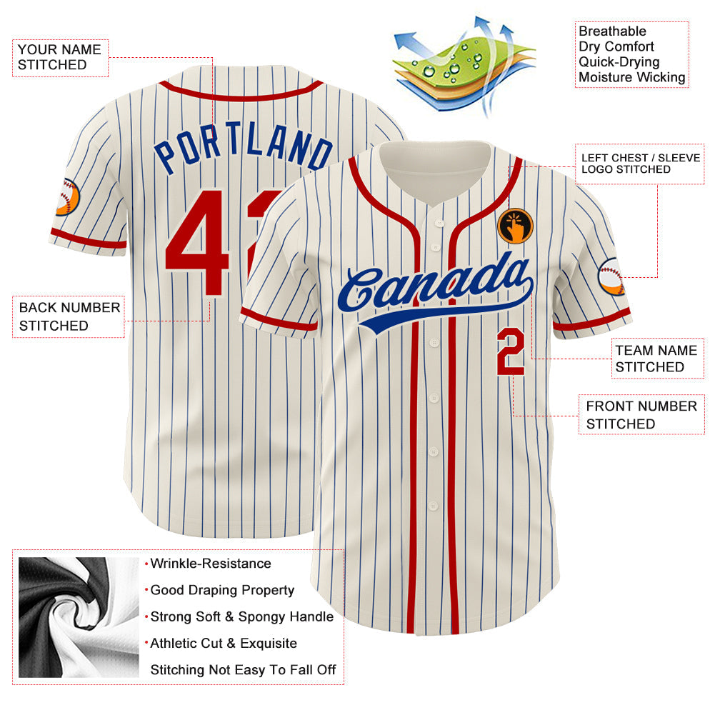 Custom Cream Royal Pinstripe Red Authentic Baseball Jersey baseball jersey product view 3