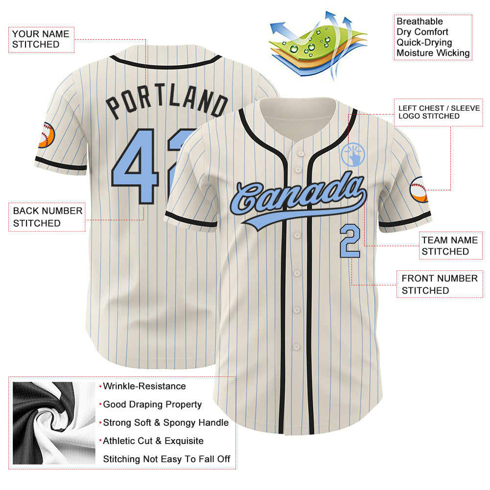 Custom Cream Light Blue Pinstripe Black Authentic Baseball Jersey baseball jersey product view 3