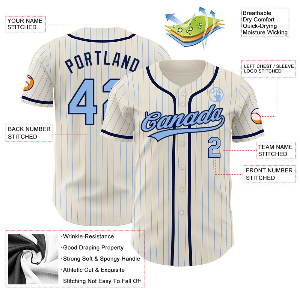 Custom Cream Light Blue Pinstripe Navy Authentic Baseball Jersey baseball jersey product view 3