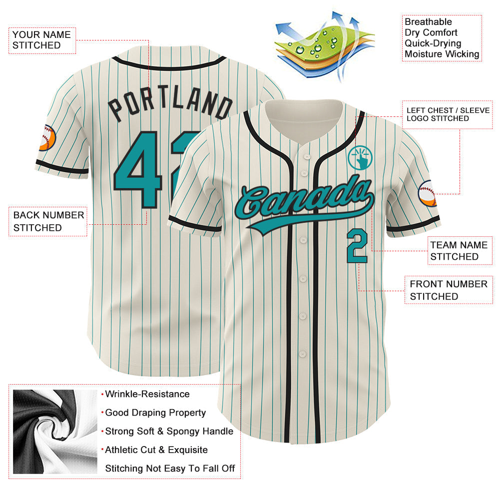 Custom Cream Teal Pinstripe Black Authentic Baseball Jersey baseball jersey product view 3