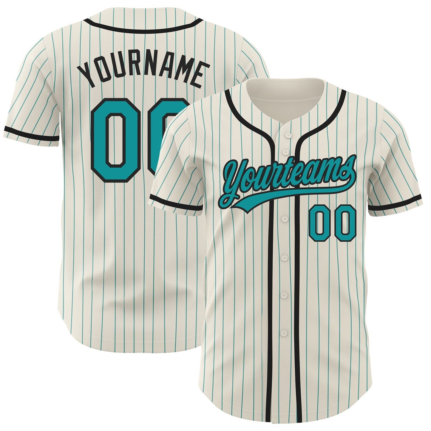Custom Cream Teal Pinstripe Black Authentic Baseball Jersey baseball jersey product view 1