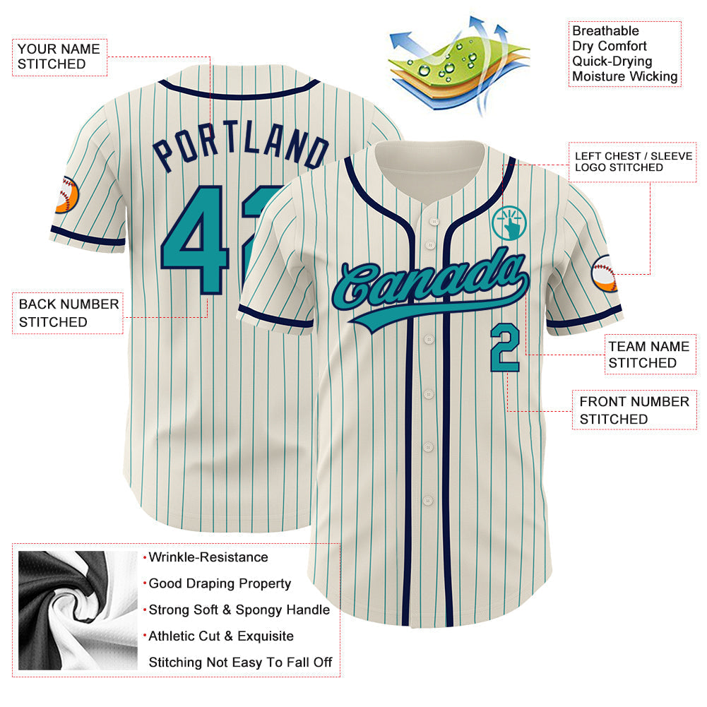 Custom Cream Teal Pinstripe Navy Authentic Baseball Jersey baseball jersey product view 3