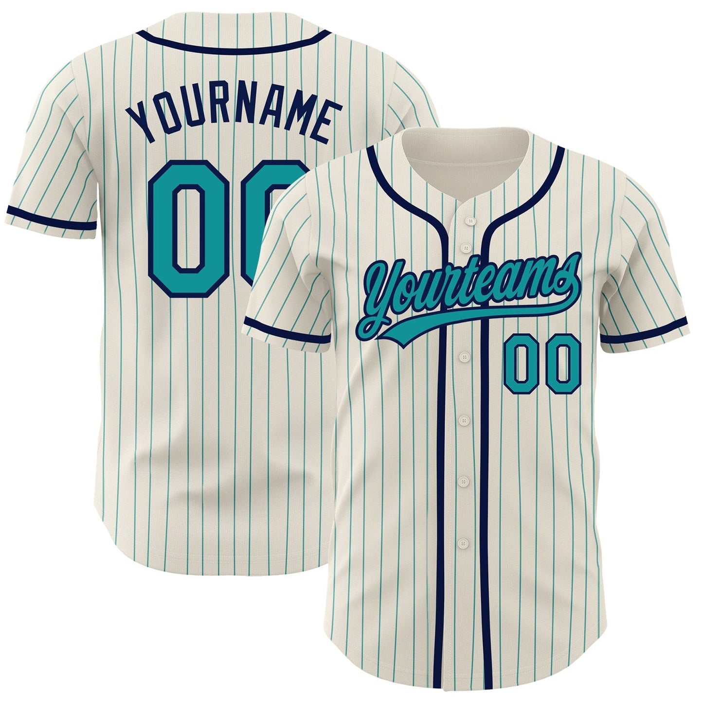 Custom Cream Teal Pinstripe Navy Authentic Baseball Jersey baseball jersey product view 1