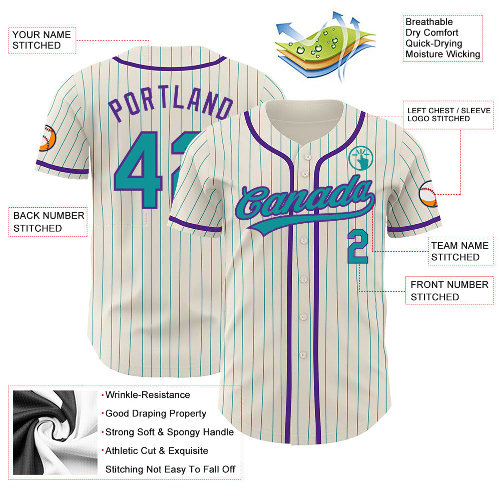 Custom Cream Teal Pinstripe Purple Authentic Baseball Jersey baseball jersey product view 3