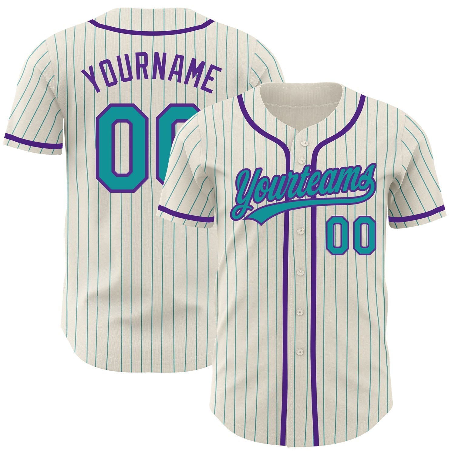 Custom Cream Teal Pinstripe Purple Authentic Baseball Jersey baseball jersey product view 1