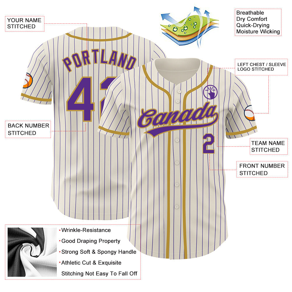 Custom Cream Purple Pinstripe Old Gold Authentic Baseball Jersey baseball jersey product view 3
