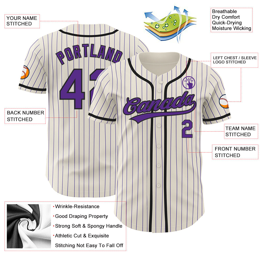 Custom Cream Purple Pinstripe Black Authentic Baseball Jersey baseball jersey product view 3
