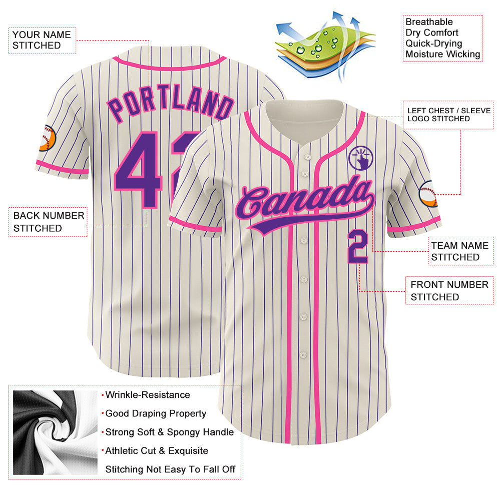 Custom Cream Purple Pinstripe Pink Authentic Baseball Jersey baseball jersey product view 3