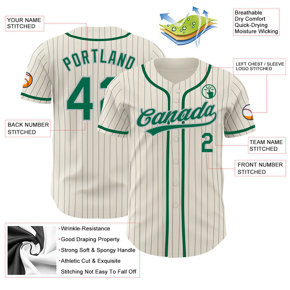 Custom Cream Gray Pinstripe Kelly Green Authentic Baseball Jersey baseball jersey product view 3