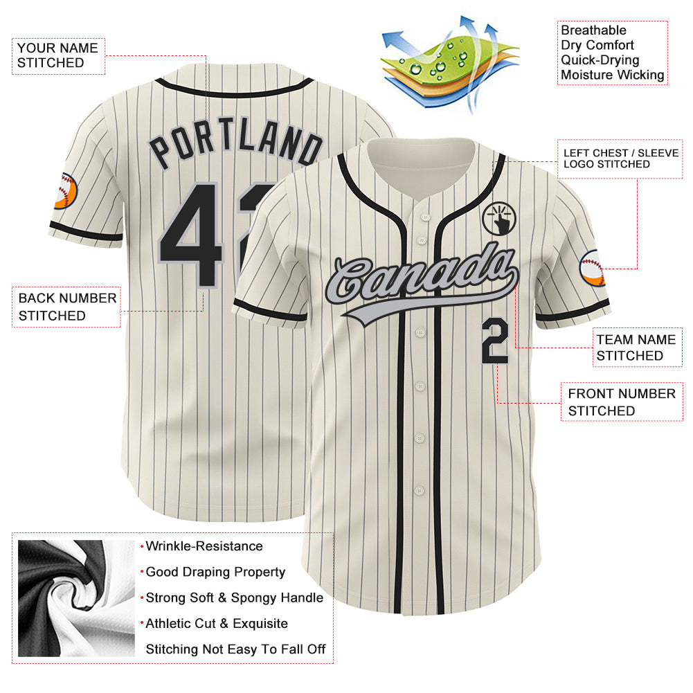 Custom Cream Gray Pinstripe Black Authentic Baseball Jersey baseball jersey product view 3