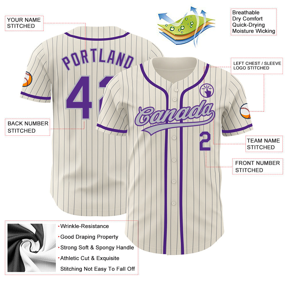 Custom Cream Gray Pinstripe Purple Authentic Baseball Jersey baseball jersey product view 3