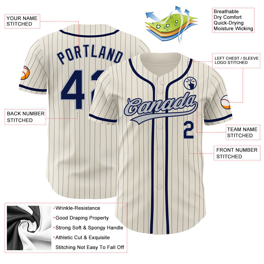 Custom Cream Gray Pinstripe Navy Authentic Baseball Jersey baseball jersey product view 4