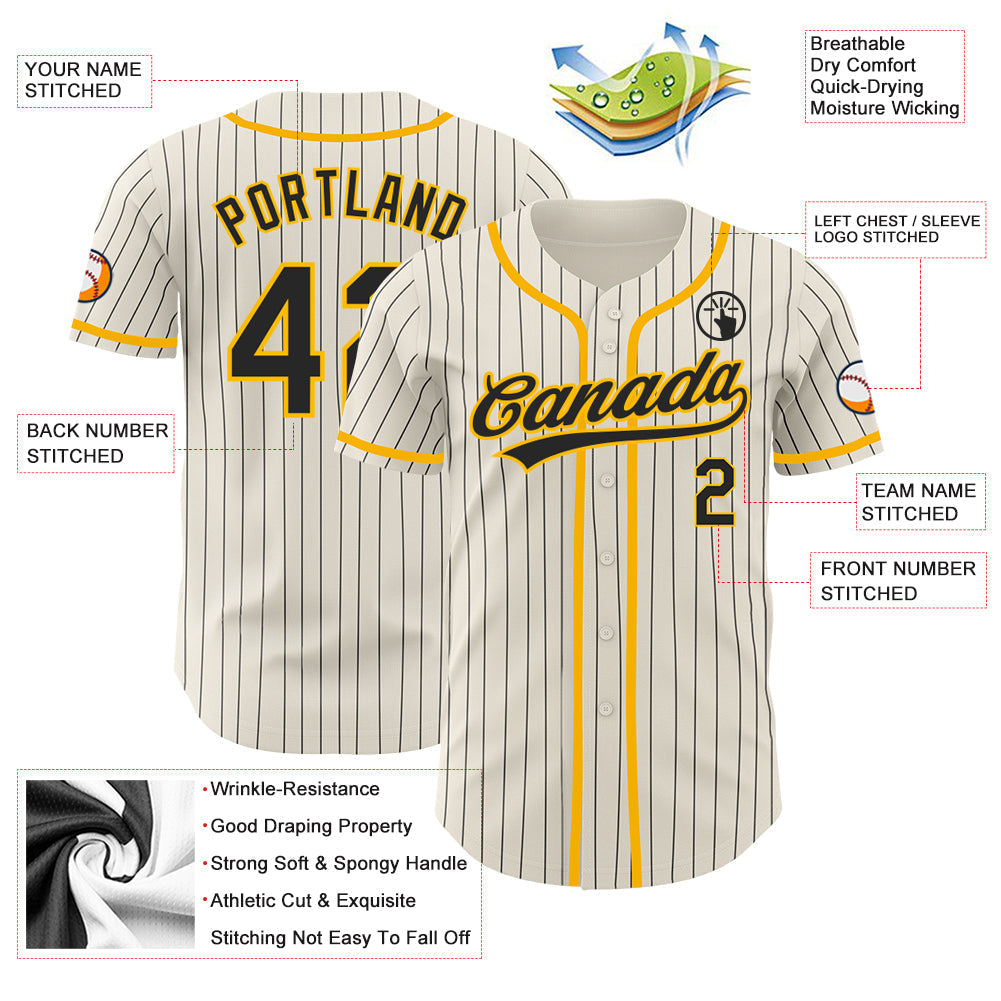 Custom Cream Black Pinstripe Gold Authentic Baseball Jersey baseball jersey product view 3