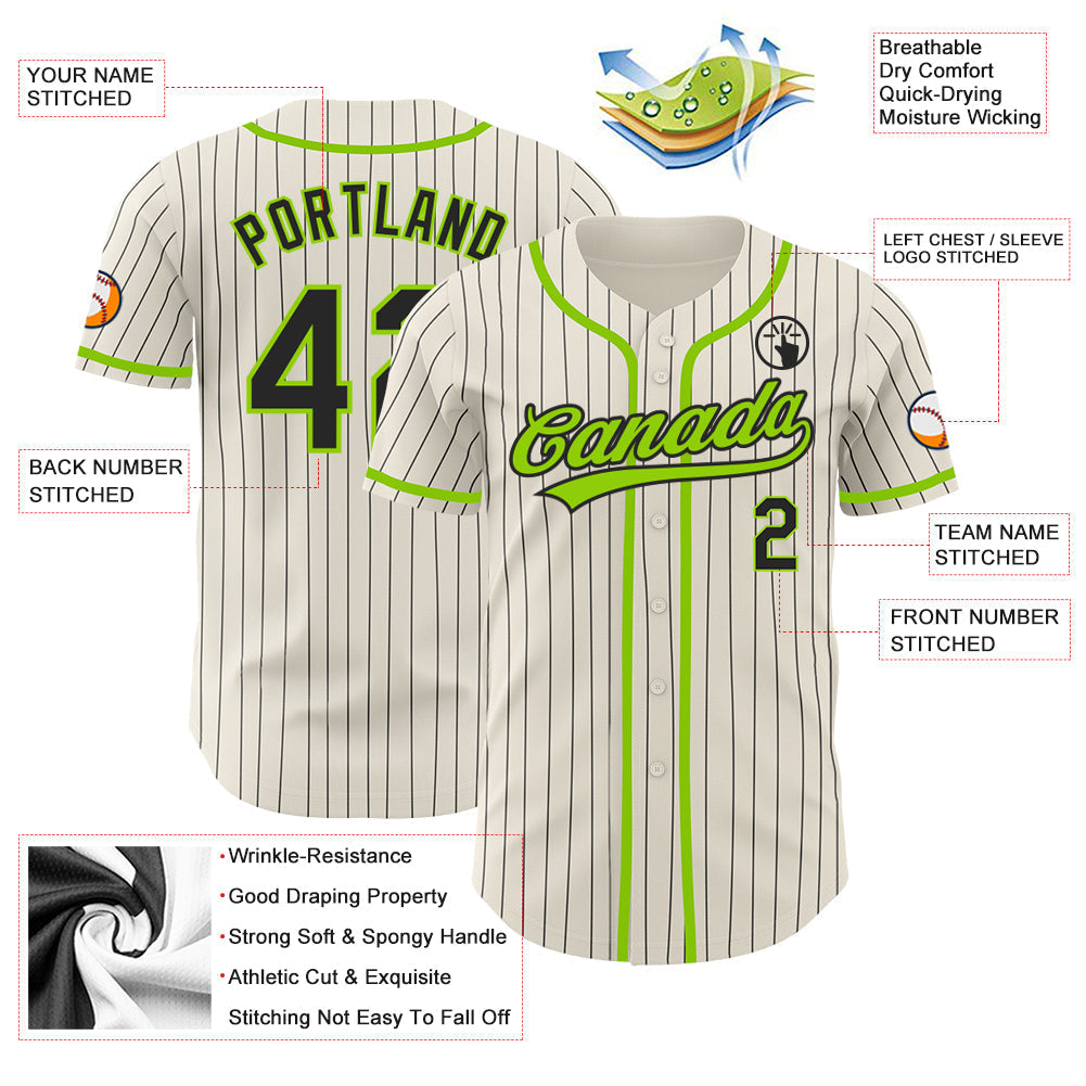 Custom Cream Black Pinstripe Neon Green Authentic Baseball Jersey baseball jersey product view 3