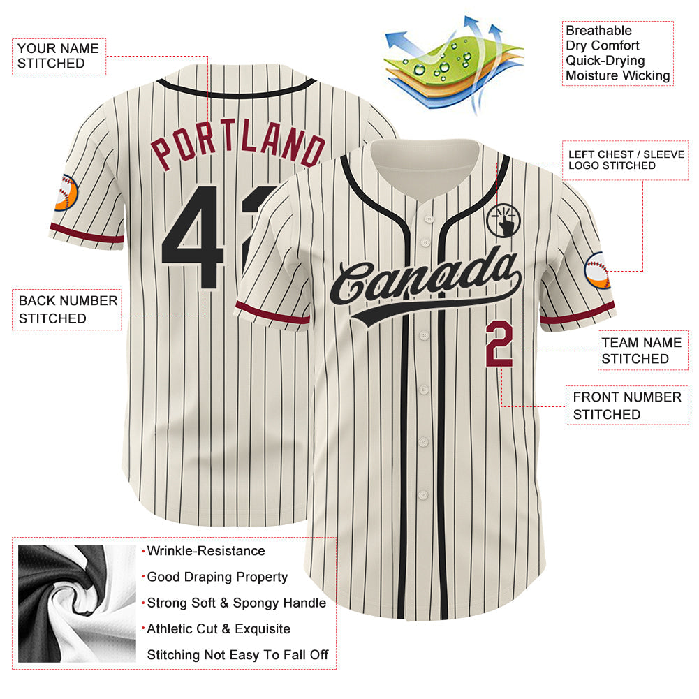 Custom Cream Black Pinstripe Crimson Authentic Baseball Jersey baseball jersey product view 3