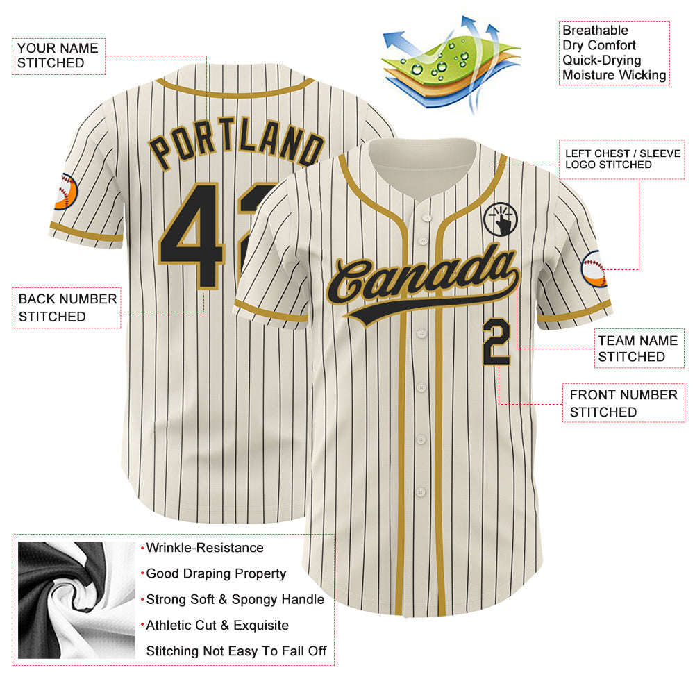 Custom Cream Black Pinstripe Old Gold Authentic Baseball Jersey baseball jersey product view 3