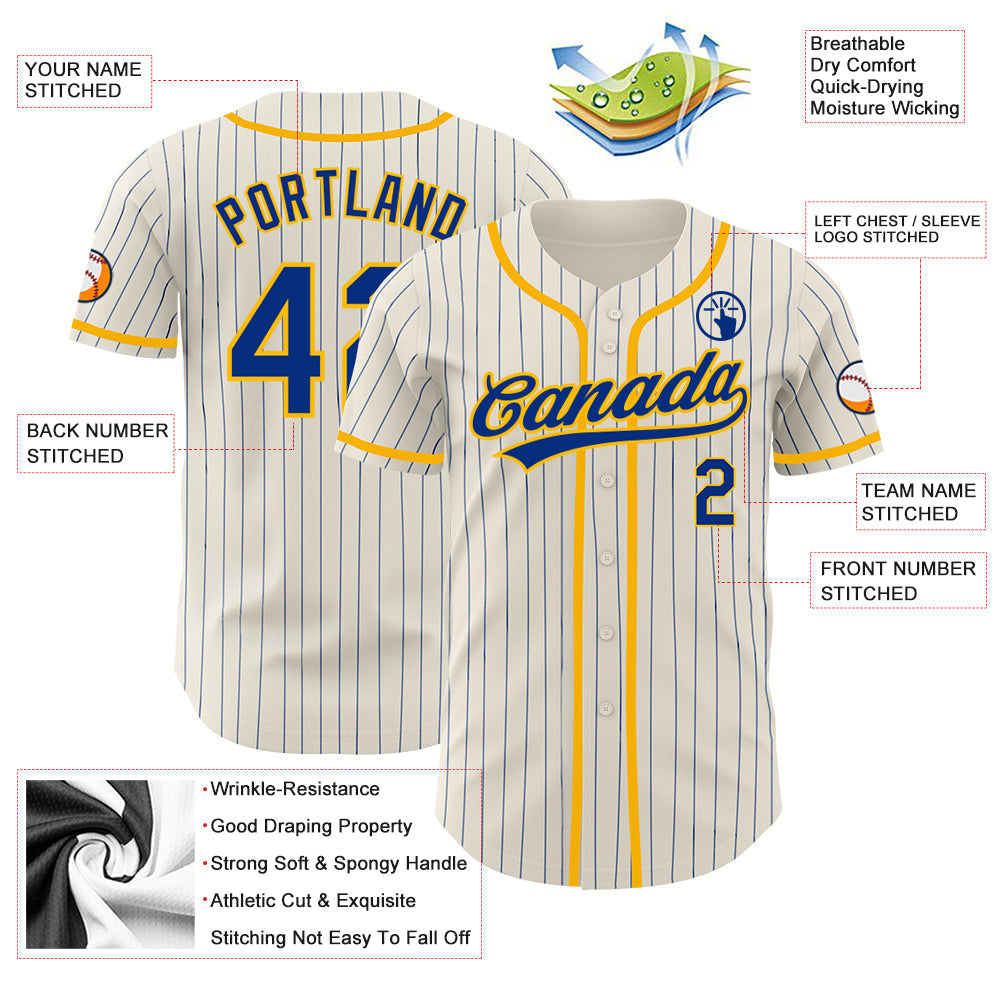 Custom Cream Royal Pinstripe Gold Authentic Baseball Jersey baseball jersey product view 3