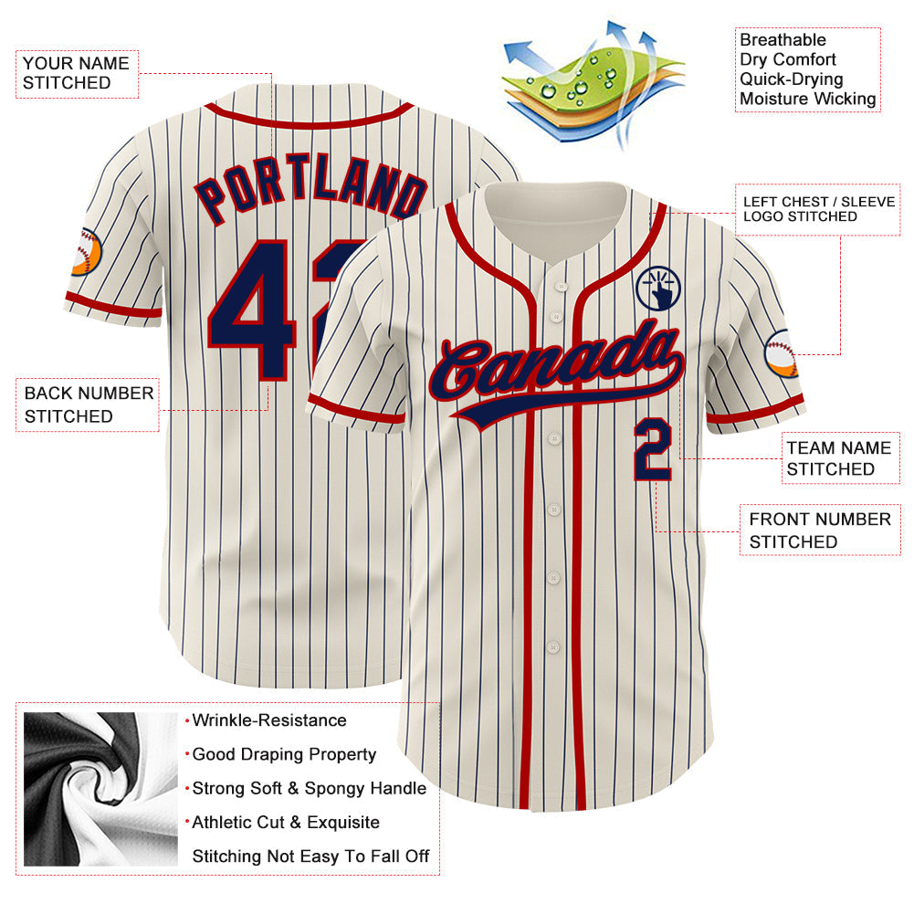 Custom Cream Navy Pinstripe Red Authentic Baseball Jersey baseball jersey product view 3