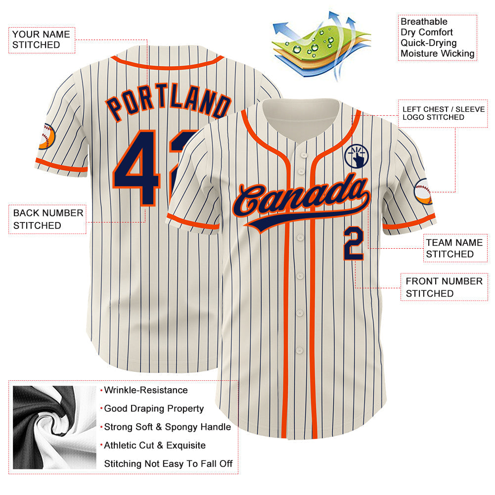 Custom Cream Navy Pinstripe Orange Authentic Baseball Jersey baseball jersey product view 3