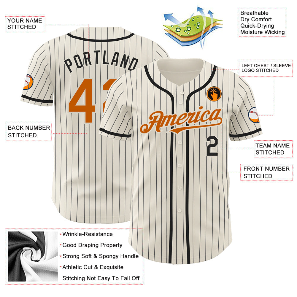 Custom Cream Black Pinstripe Texas Orange Authentic Baseball Jersey baseball jersey product view 3