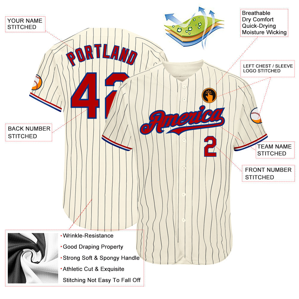 Custom Cream Black Pinstripe Red-Royal Authentic Baseball Jersey baseball jersey product view 3