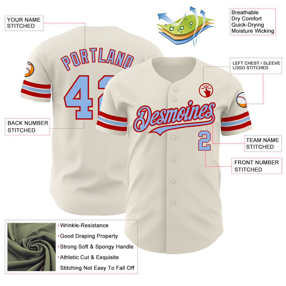 Custom Cream Light Blue-Red Authentic Baseball Jersey baseball jersey product view 3