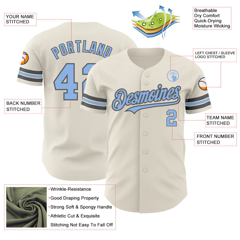 Custom Cream Light Blue-Steel Gray Authentic Baseball Jersey baseball jersey product view 3