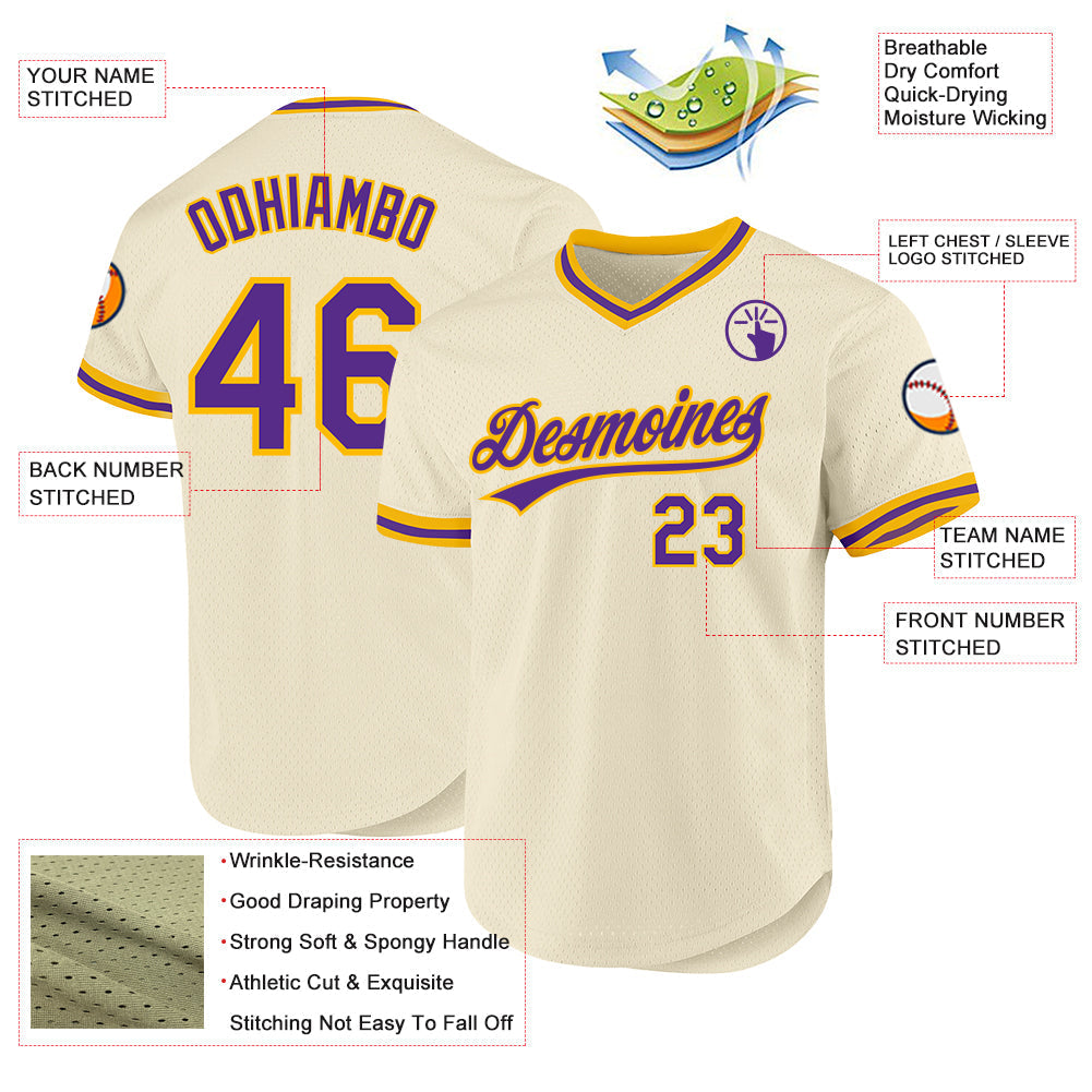 Custom Cream Purple-Gold Authentic Throwback Baseball Jersey baseball jersey product view 3